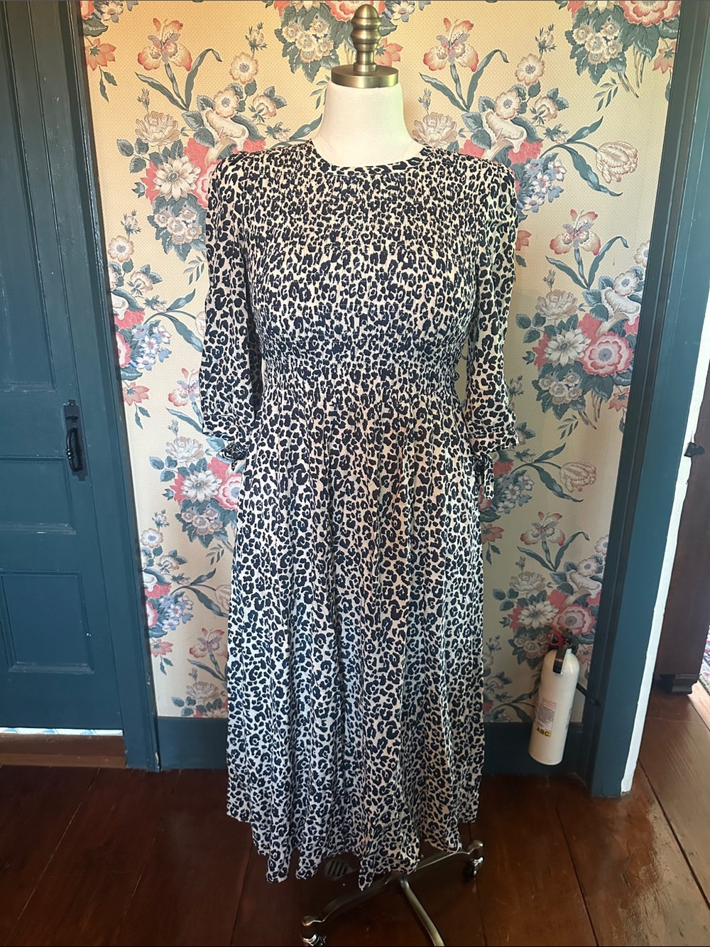 Whistles Black and Cream Leopard-Print Maxi Dress with subtle Puff Sleeves